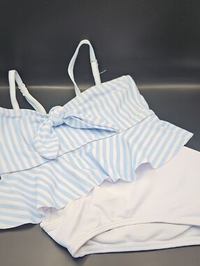 Girls Light Blue and White Striped Ruffle Bikini Set
